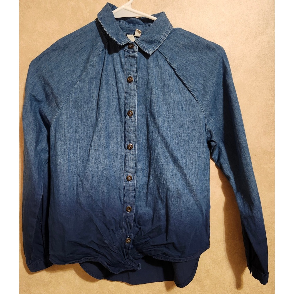SO Girls Ombre Denim Button Down Shirt Blue Dip Dye Long Sleeve Cotton Sz 10/12